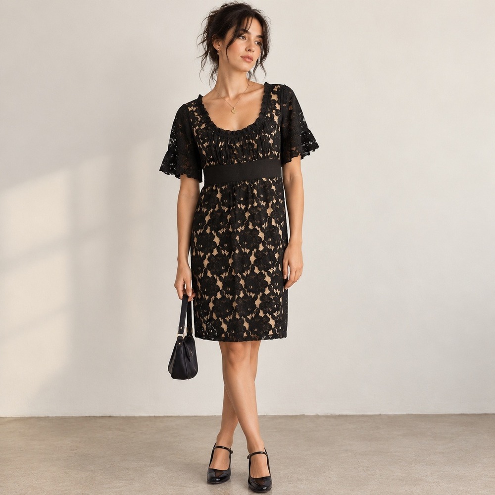 Loft Womens Black Floral Lace Dress Size 4 Empire Waist Cocktail Wedding Guest